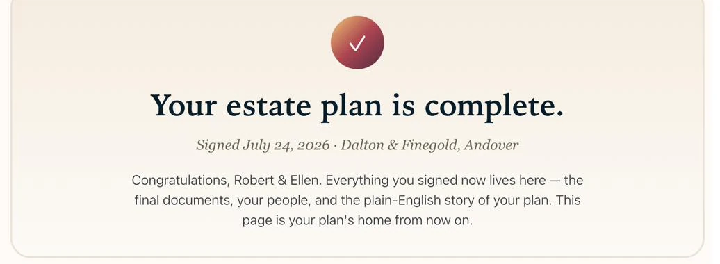 The Folder: your estate plan complete, with the final documents, your people, and the story of your plan in simple language