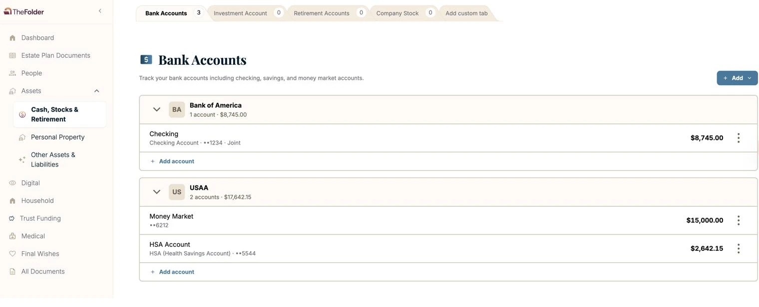 Accounts in The Folder listed with the institution, account type, and only the last four digits