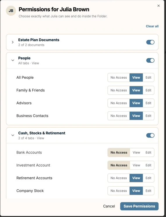 Permissions in The Folder: choosing exactly what one person can see and do — No Access, View, or Edit, section by section