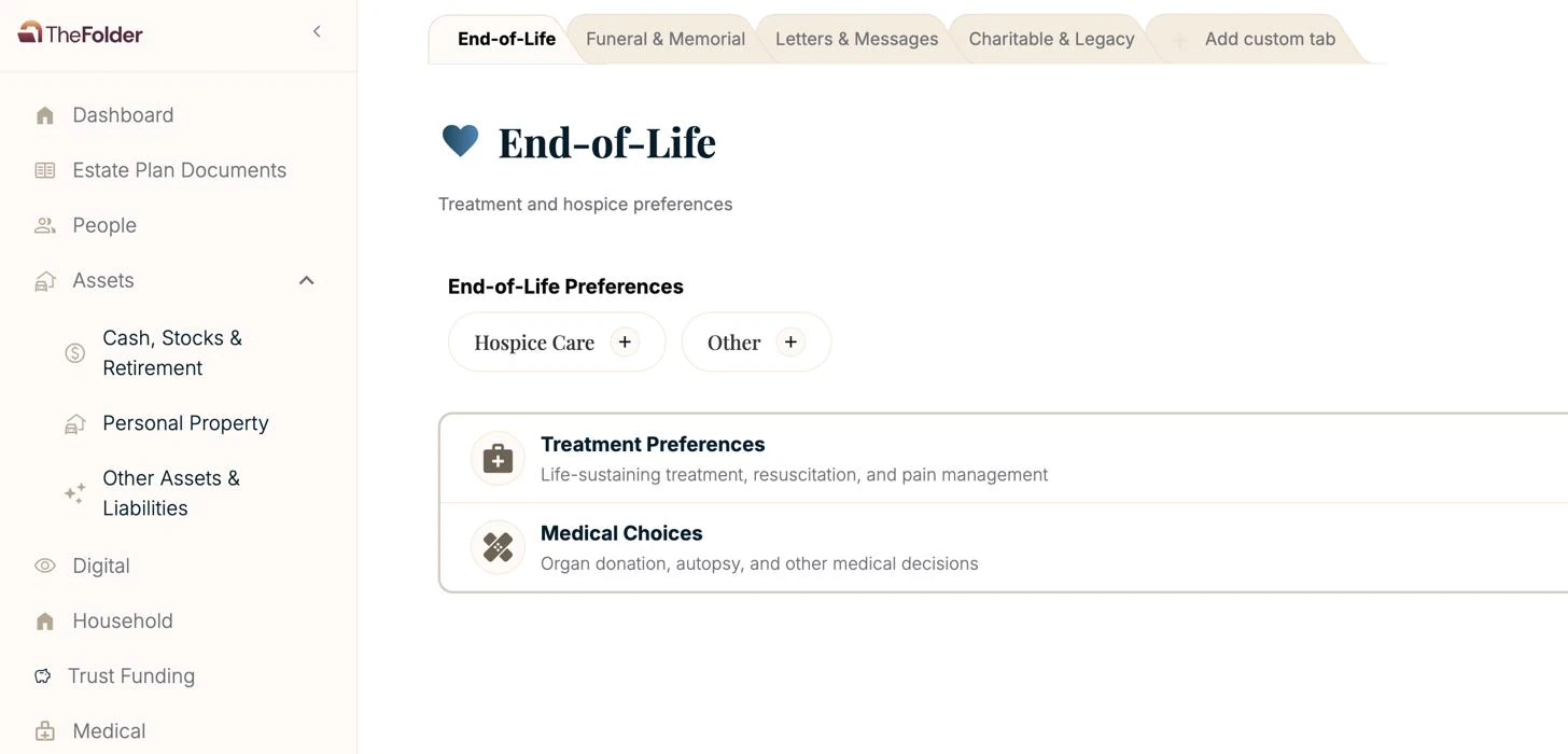 Final Wishes in The Folder — end-of-life preferences, funeral and memorial, letters and messages, charitable and legacy wishes
